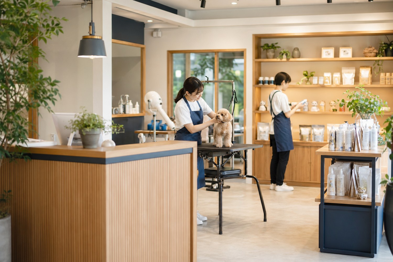 清潔感のあるペットサロンでスタッフがペットをケアしている様子