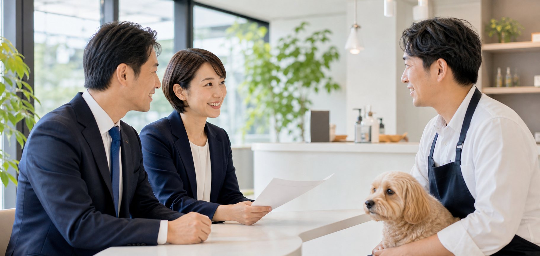 ペット業界の事業承継について店舗オーナーと専門家が相談している様子