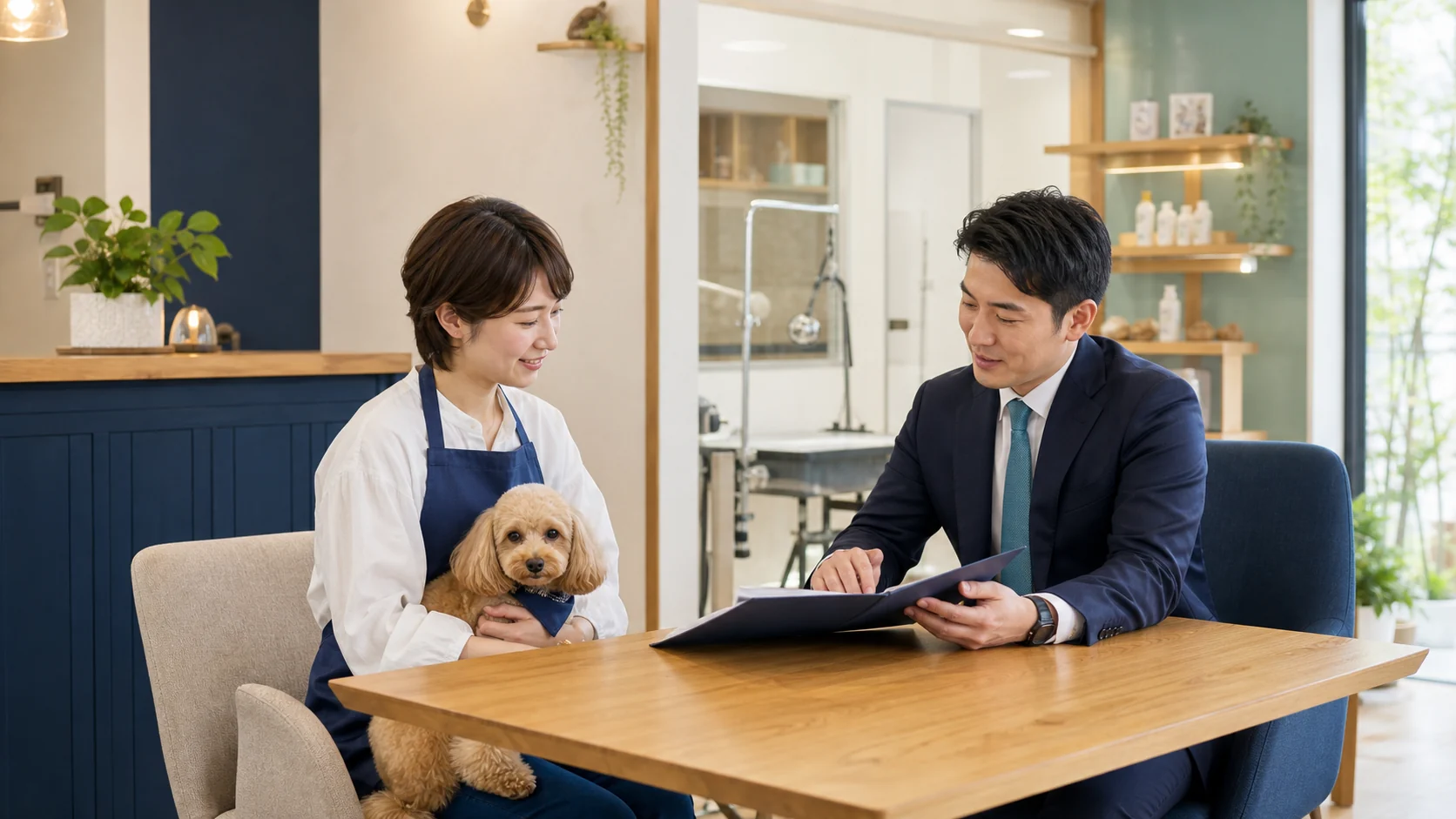 ペットケア施設で事業承継について相談する経営者と担当者を描いたAI生成イメージ