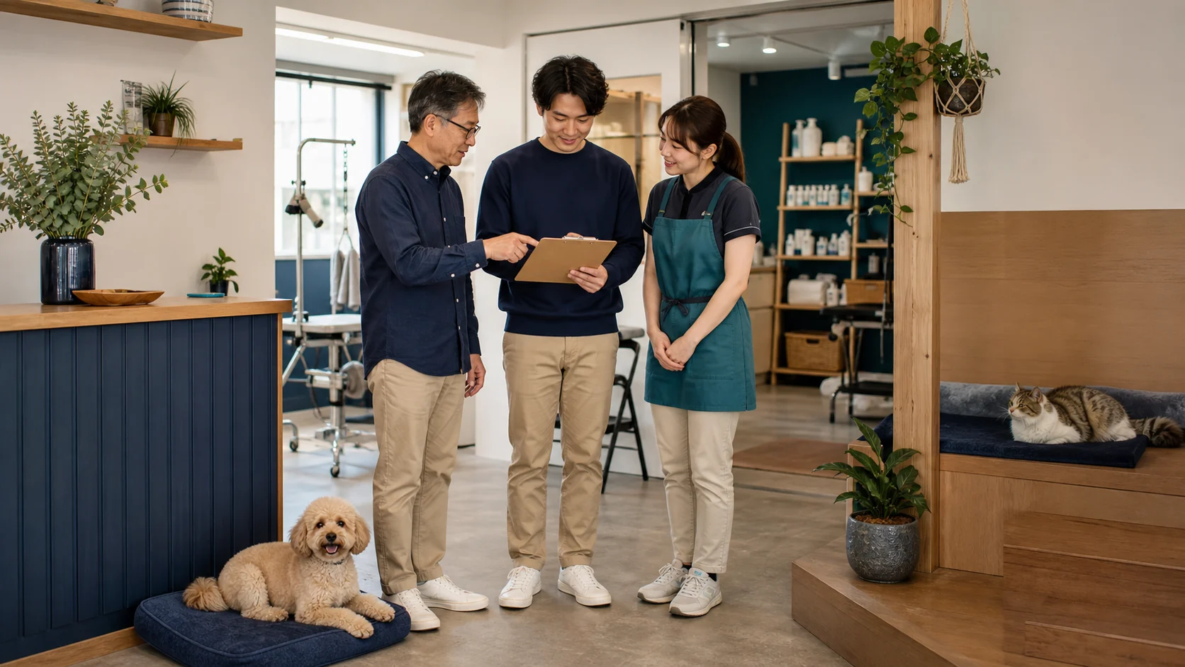 ペットケア施設で売り手・買い手・スタッフが引継ぎ工程を確認するAI生成イメージ
