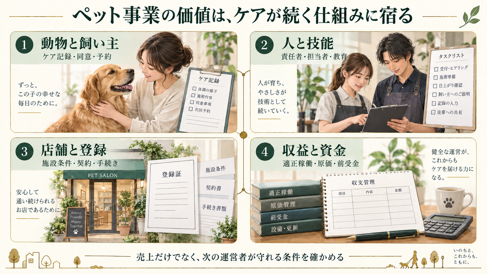ペットM&Aで確認する動物と飼い主、人と技能、店舗と登録、収益と資金の四つの関係
