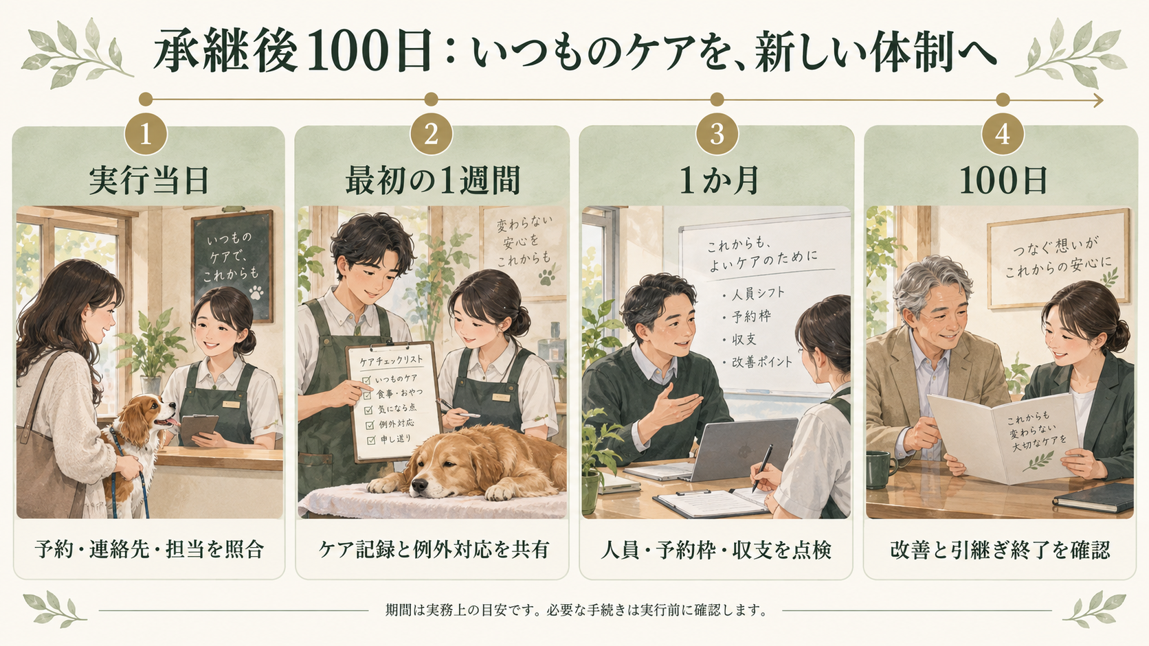 ペット事業の承継当日、一週間、一か月、100日の段階ごとに予約、ケア、人員、収支と引継ぎ終了を確認する図
